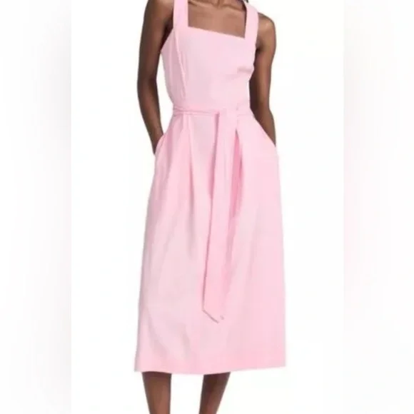 VINCE SQUARE NECK LINEN BLEND PINK MIDI DRESS size large brand new with tags - Picture 7 of 12